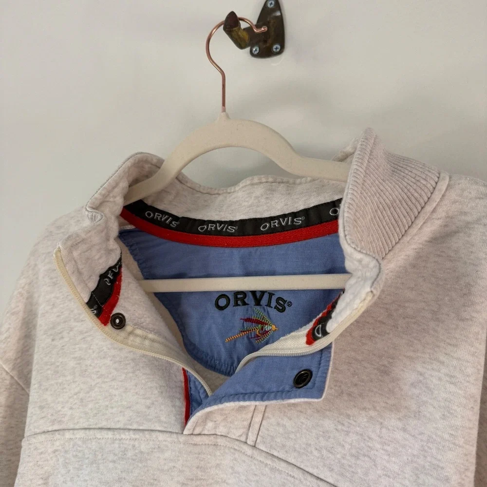 Orvis Mens Quarter Zip Sweatshirt Oatmeal Heather‎ Fly Fishing Logo 2XL